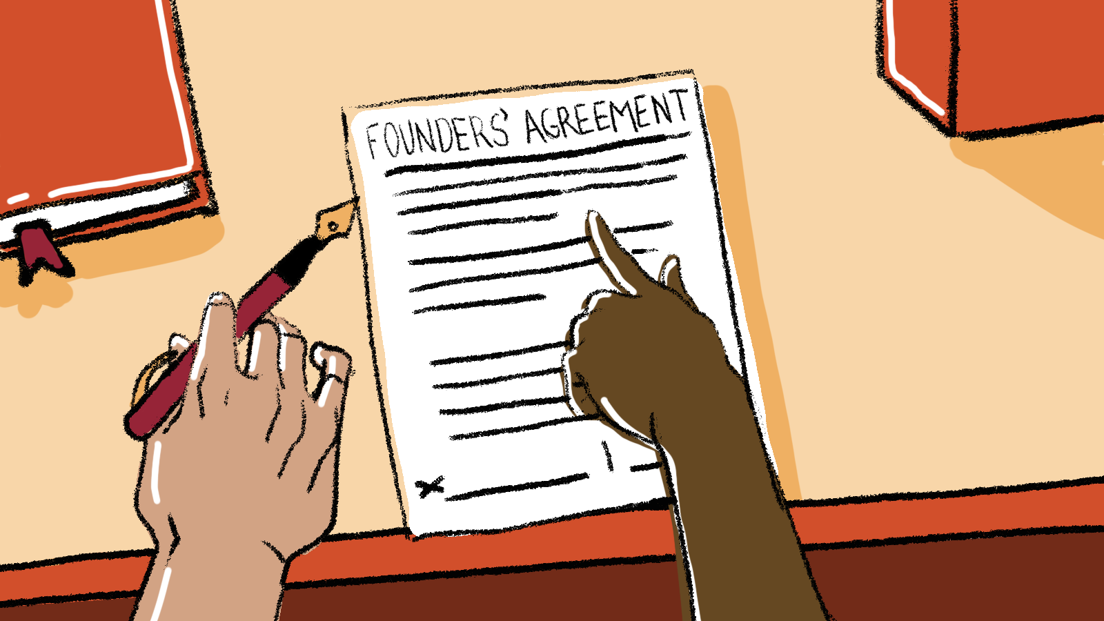 Graphic showing hands of two individuals reviewing key terms to include in a founders' agreement.